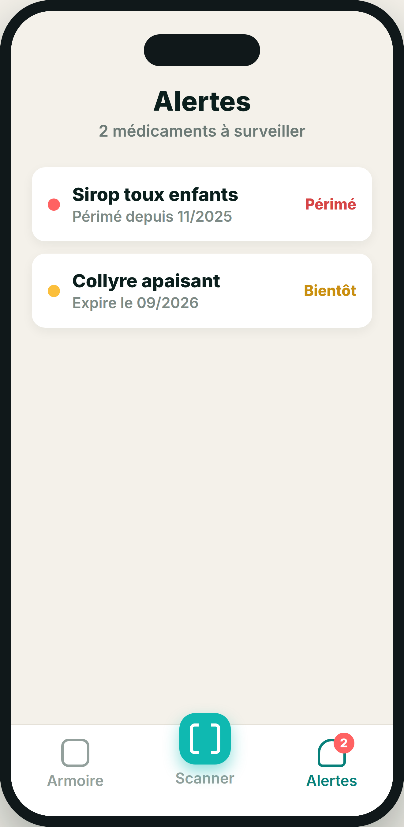 Écran des alertes de péremption avec deux médicaments à surveiller