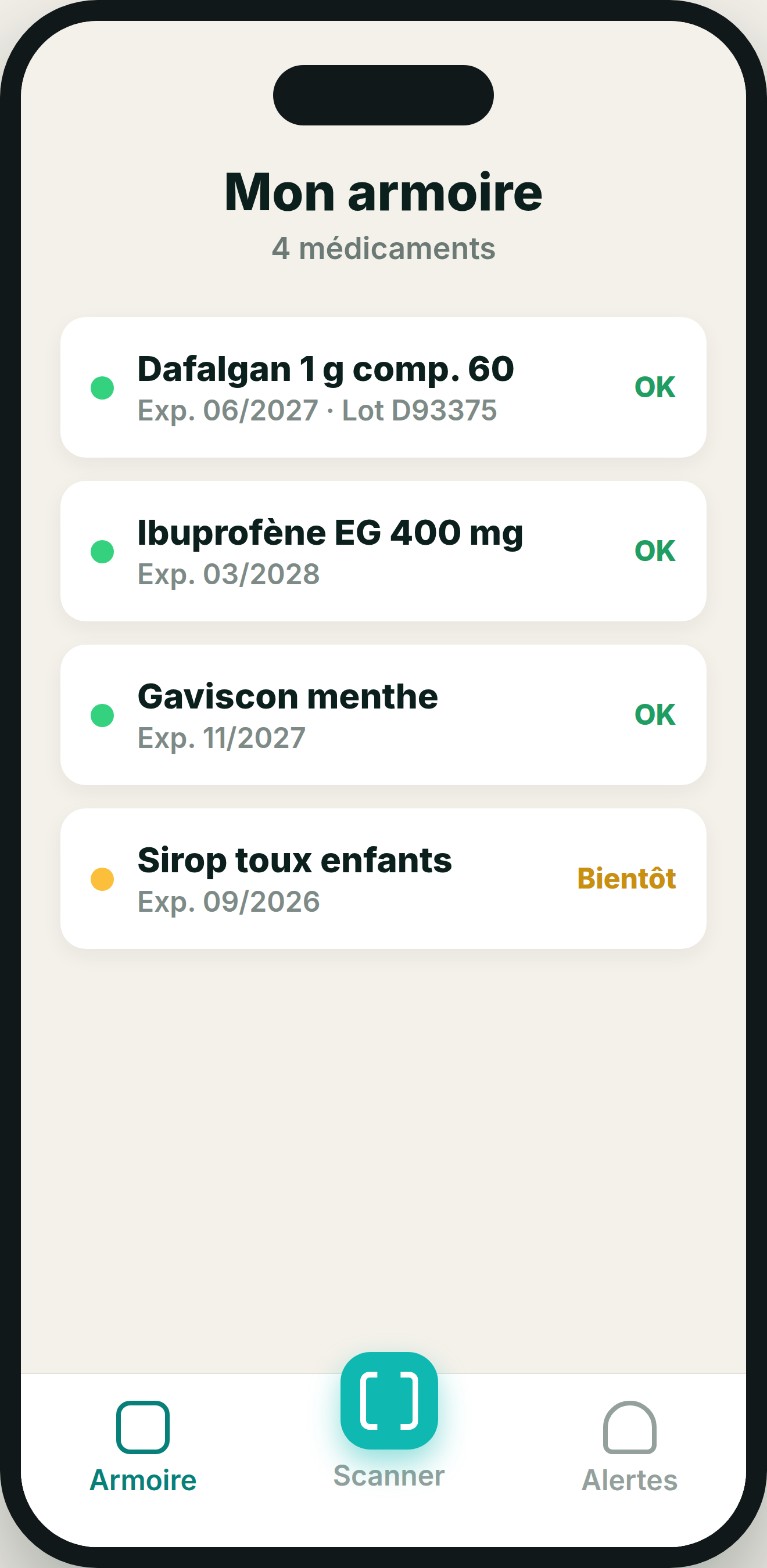 L'armoire à pharmacie listant quatre médicaments avec leur statut