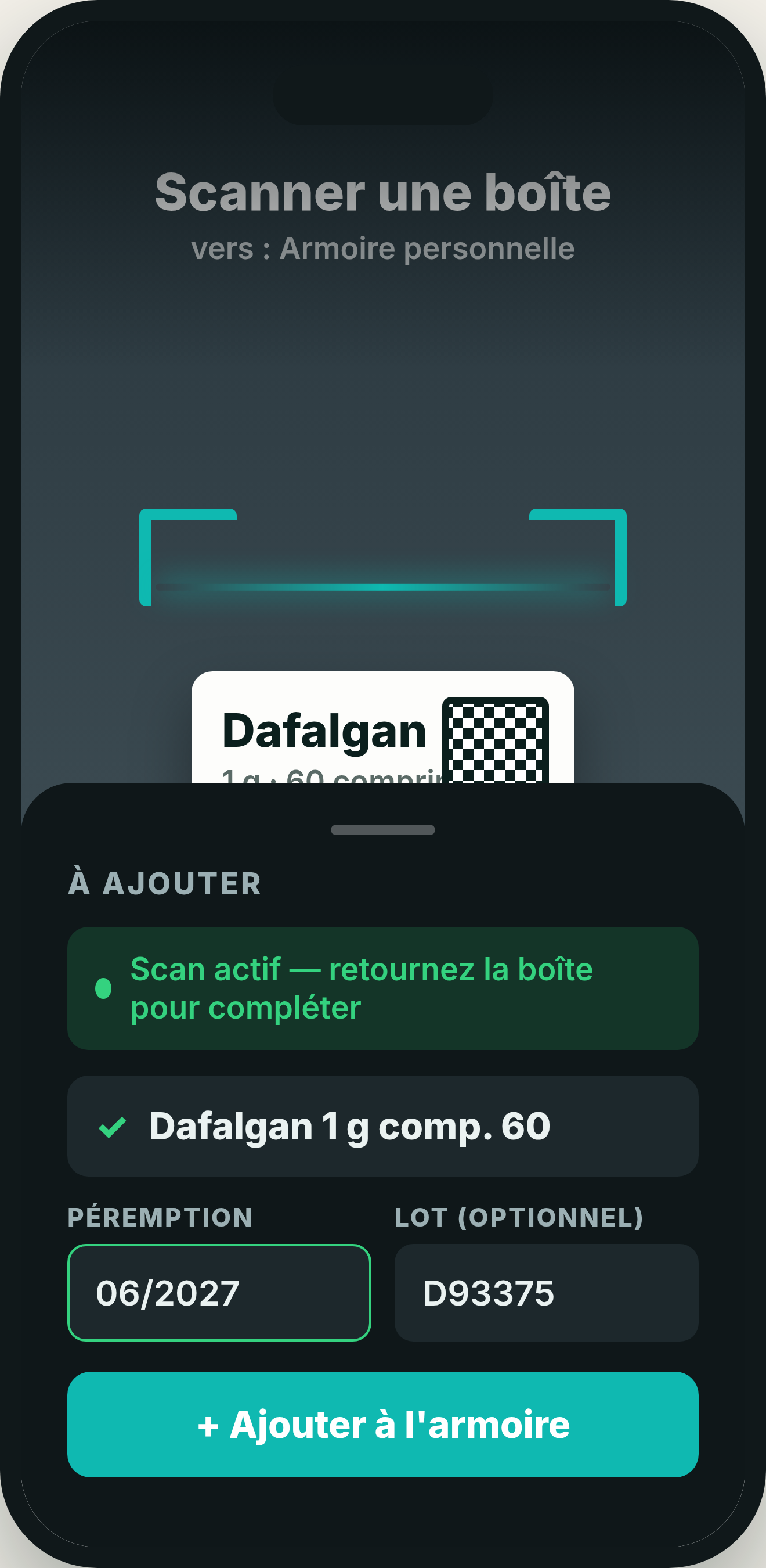 Écran de scan d'une boîte de médicament, avec les champs de péremption et de lot remplis